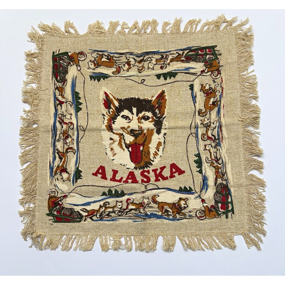 Alaska Souvenir Decorative Textile Tapestry Husky Dog Sled Fringed 18.5x18.5